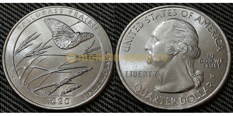 Монета 25 центов США 2020 г. Заповедник Толлграсс-Прери в штате Канзас, бабочка