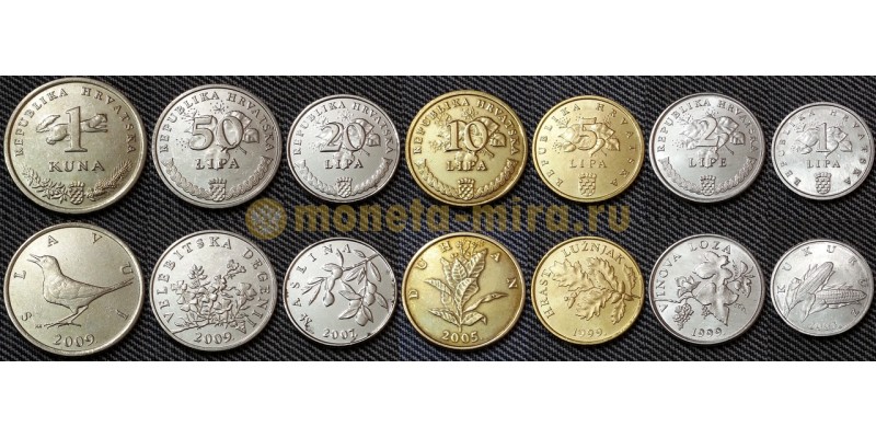 Набор из 7 монет Хорватии 1999-2009 гг. 1,2,5,10,20,50 лип и 1 куна