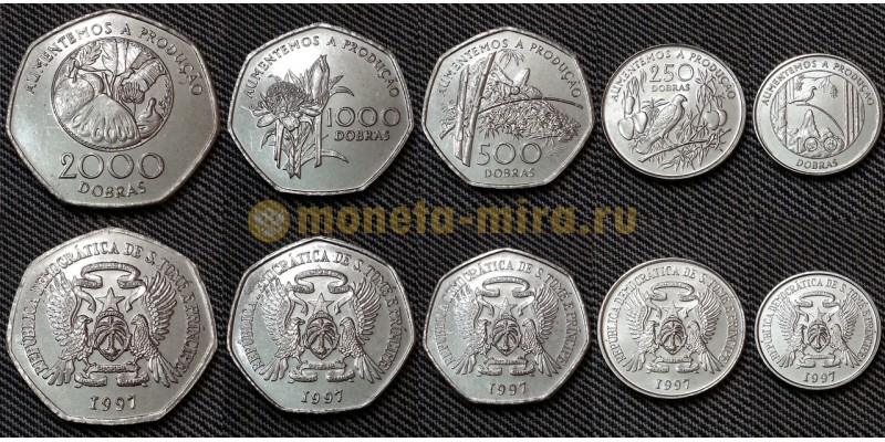 Набор из 5 монет Сан-Томе и Принсипи 1997 г. 100,250,500,1000,2000 добра