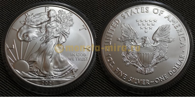 1 доллар США 2021 г. Шагающая свобода, в капсуле - серебро 999 пр.