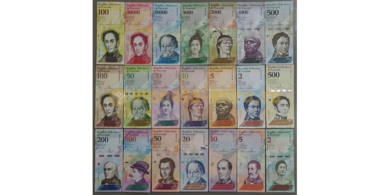 Сет из 21 банкноты Венесуэлы 2007-2018 гг.. от 2 до 20000 боливаров