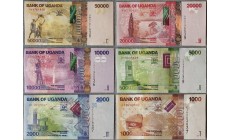Набор из 6 банкнот Уганды 2015-2021 гг.. 1000, 2000, 5000, 10000, 20000, 50000 шиллингов 