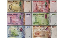 Набор из 6 банкнот Уганда 2015-2021 гг.. 1000, 2000, 5000, 10000, 20000, 50000 шиллингов 