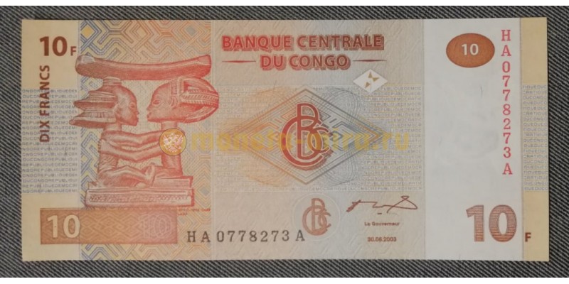 10 франков Конго 2003 г. Скульптура народности луба