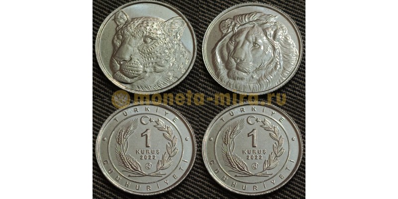 Набор из 2 монет 1 куруш Турции 2022 г. Лев и Ягуар - красная книга