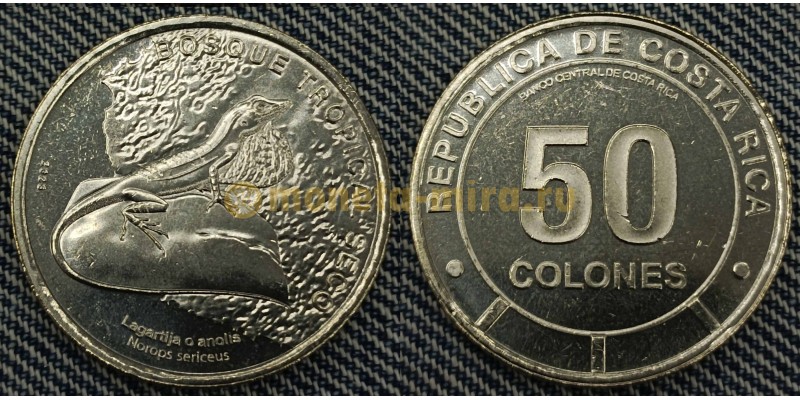 50 колонов Коста-Рика 2023 г. Шелковистый анолис, серия "Фауна экосистемы"