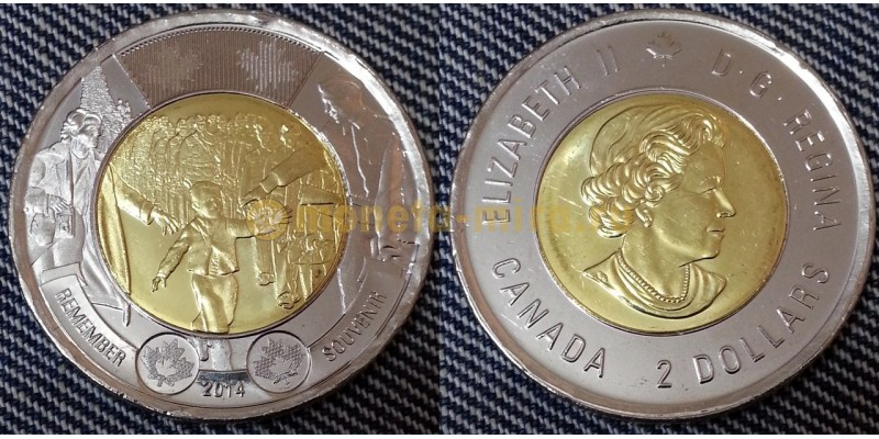 2 доллара Канады 2014 г. 75 лет с начала Второй Мировой войны