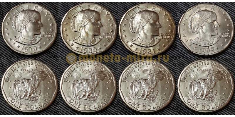 Набор из 4 монет 1 доллар США 1979-1999 гг.. Сьюзен Энтони, Сакагавея