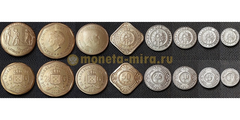 Набор из 8 монет Антильских островов 1990-2016 гг.. 1, 5, 10, 25, 50 центов и 1, 2 1/2, 5 гульденов