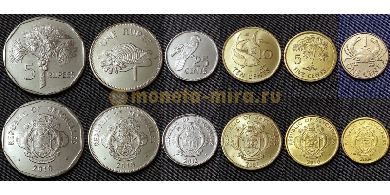 Набор из 6 монет Сейшел 2004-2012 гг. 1,5,10,25 центов, 1 и 5 рупий