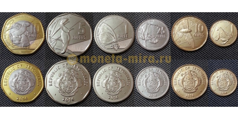 Набор из 6 монет Сейшел 2016 г. 1,10,25 центов, 1,5 и 10 рупий