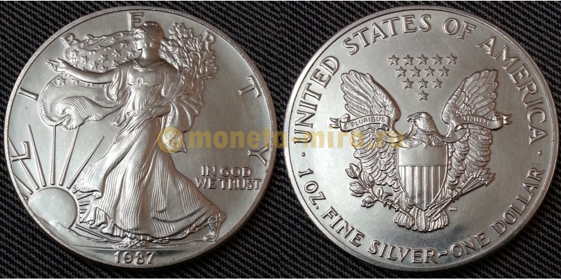 1 доллар США 1987 г. Шагающая свобода, в капсуле - серебро 999 пр.