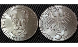 5 марок ФРГ 1975 г.  Альберт Швейцер - серебро 625 пр.