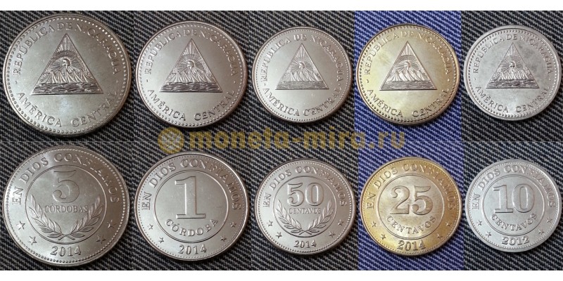 Набор из 5 монет Никарагуа 2012-2014 гг., 1,5 кордобов и 10,25,50 кванзов