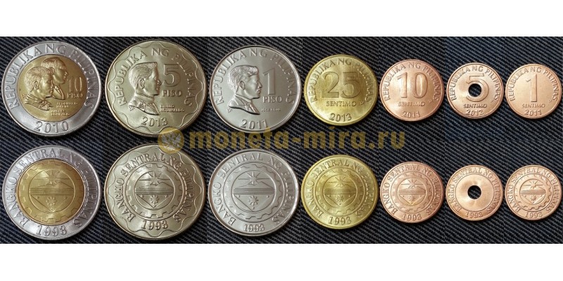 Набор из 7 монет Филиппин 2010-2013 гг.. 1,5,10,25 сентимо и 1,5,10 песо