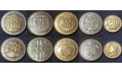 Набор из 5 монет Колумбии 2007-2012 гг.. 20,50,100,200,500 песо