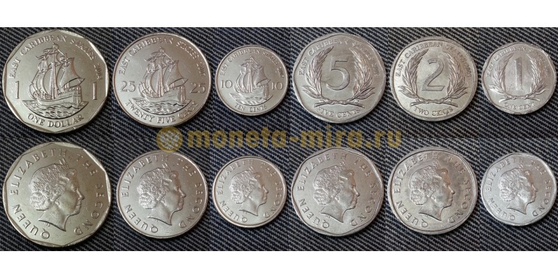 Набор из 6 монет Карибских островов 2004-2008 гг. 1,2,5,10,25 центов и 1 доллар 