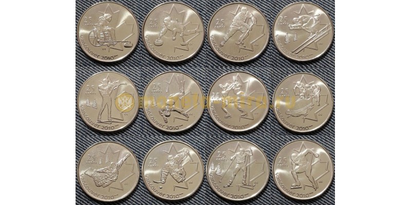 Набор из 12 монет Канады 25 центов 2010 г. серия Олимпиада в Ванкувере